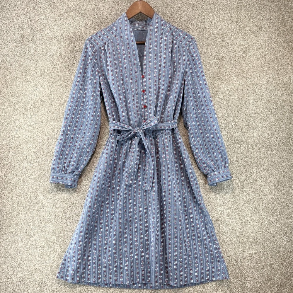 Handmade VTG Cotton Dress S Victorian Praire Cottagecore Country Blue Red Floral